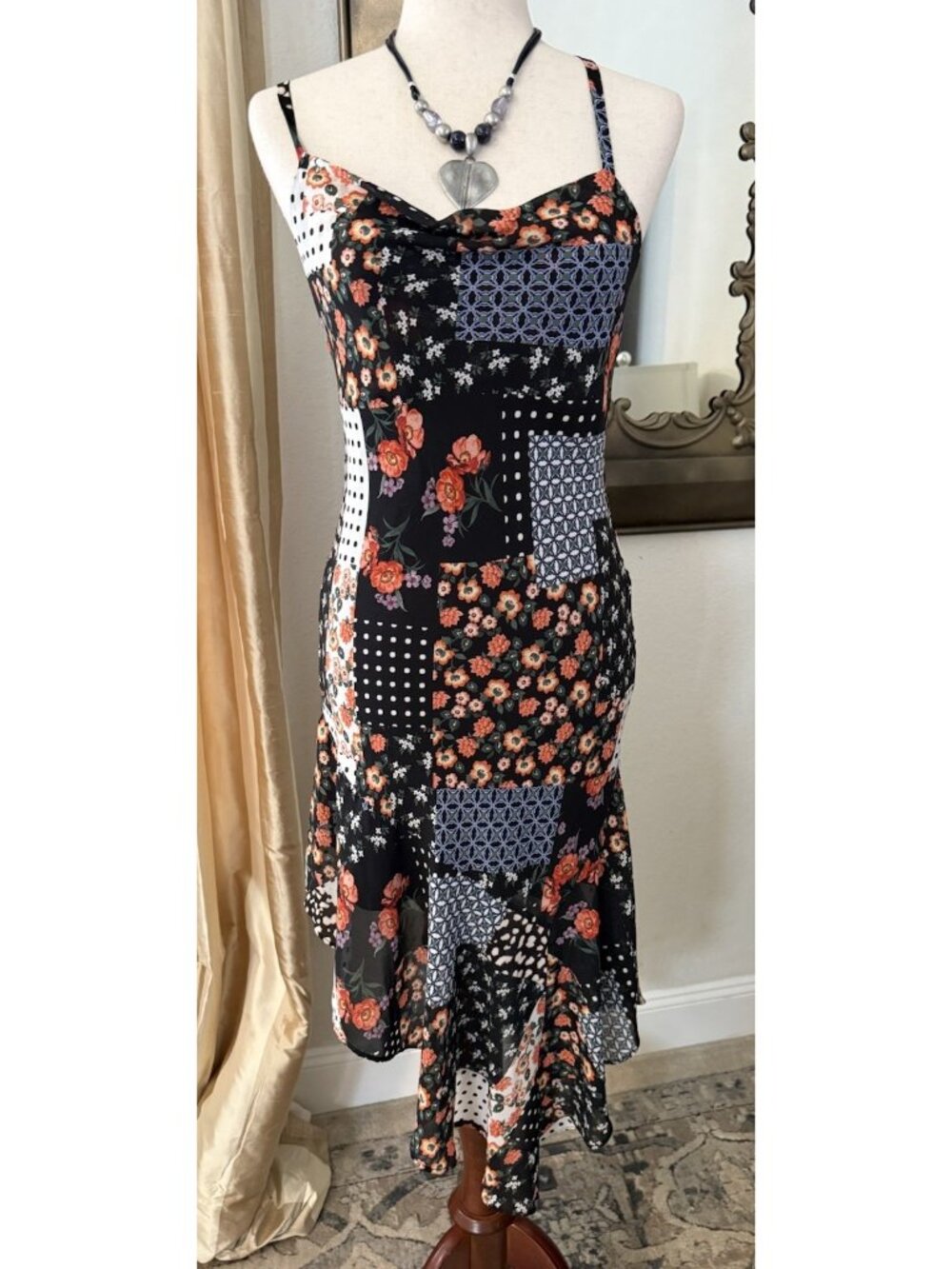 Patchwork Floral Sheer Midi Dress Asymmetric Cowl Neck Fairy grunge Cottage S Y2